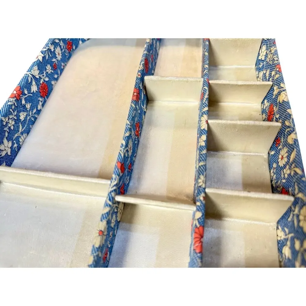 Vintage Floral Fabric Jewelry Organizer Tray Blue Red Vanity Storage Display Box